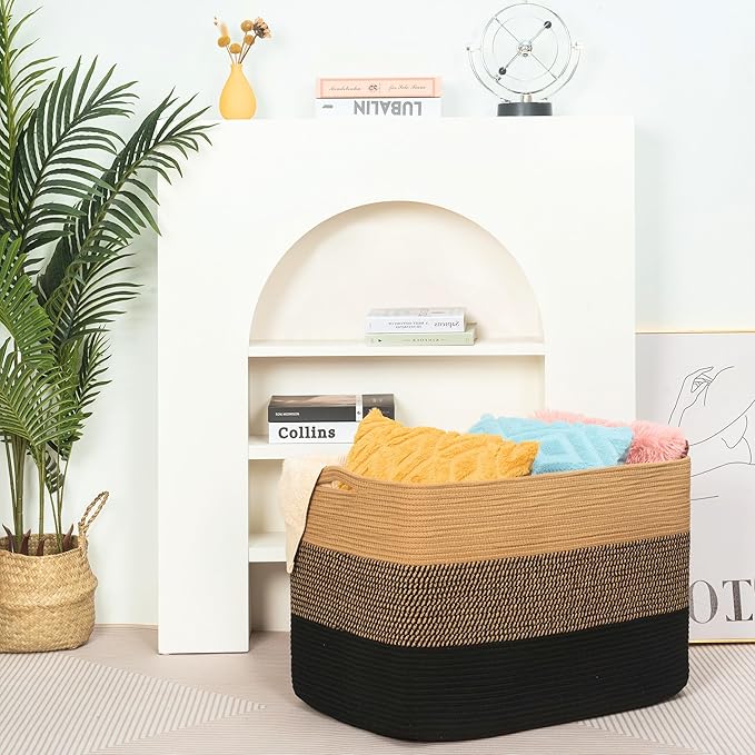 112L Extra Large Blanket Basket Holder Living Room, 25"x17"x16" Rectangle Rope Woven Storage Basket with Handles for Laundry, Pool Towels, Shoes, Dog Toy Organizer Bin Box, Black Jute - Image 6