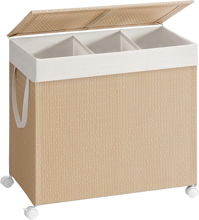 SONGMICS HOME Laundry Hamper with 3 Section, 140 L, Rattan, with Wheels | Rolling Clothes Basket with Lid, Removable Liner with Handles, Natural Beige and Matte White, PEZZO Collection ULCB602N01 by SONGMICSHOME