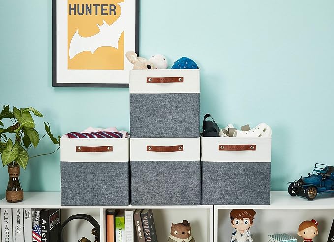 DECOMOMO Fabric Cube Storage Bins, Storage Baskets for Shelves 4 Pack | 11 inch Cube Storage Organizer for Kallax and Cubbies (Slate Grey & White) - Image 6