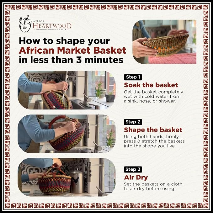 Africa Heartwood Project - Deluxe Colorful African Basket with Leather Handle - Handmade from dried Elephant Grass, Hand-Woven by Women in Bolgatanga, Ghana - Medium 14" Round Flat-packed - Image 4