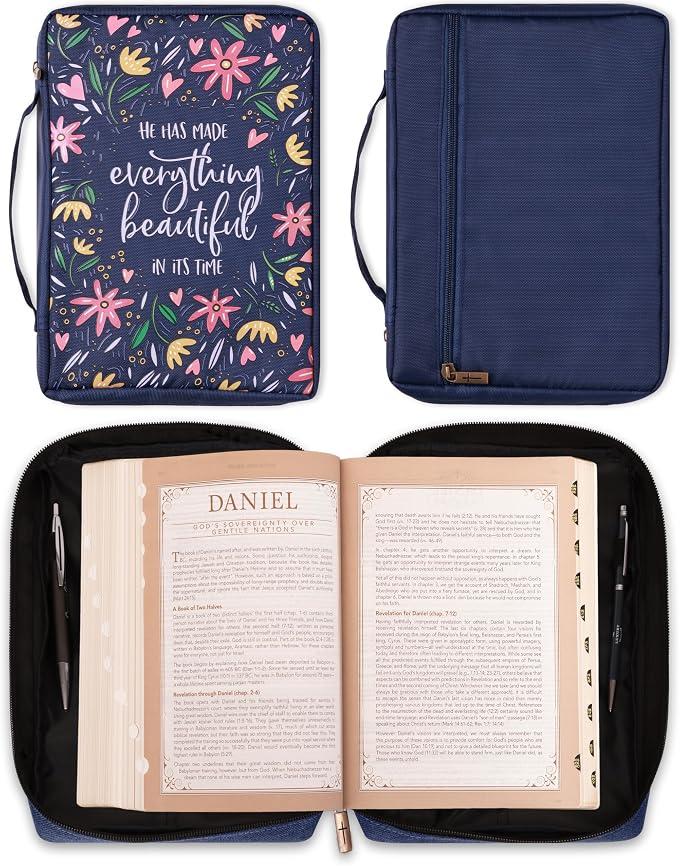 Christian Art Gifts Men/Women's Bible Cover Everything Beautiful Ecclesiastes 3:11, Blue Floral Canvas, Medium - Image 6