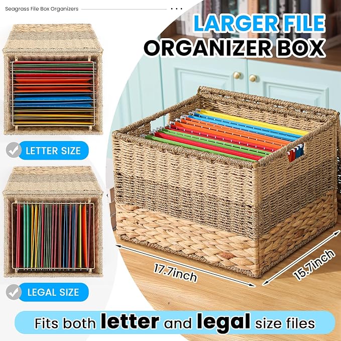 Cinnvoice Extra Large Decorative File Box 18 x 16 x 13 in Wicker Seagrass File Basket Organizer for Letter Legal Size Hand Woven Hanging Filing Cabinet with Lid for Office Water Hyacinth, Tricolor - Image 2