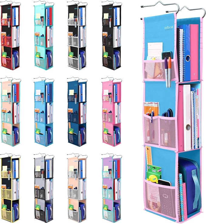 ABRA® 3 Shelf Hanging Locker Organizer for School, Work, Gym, Storage | Deep Shelves 6.5”x 9”| Eco-Friendly Fabric Healthy for Children | Adjustable School Locker Shelf from 3 to 2 Shelves (Blue/Pink) by ABRA