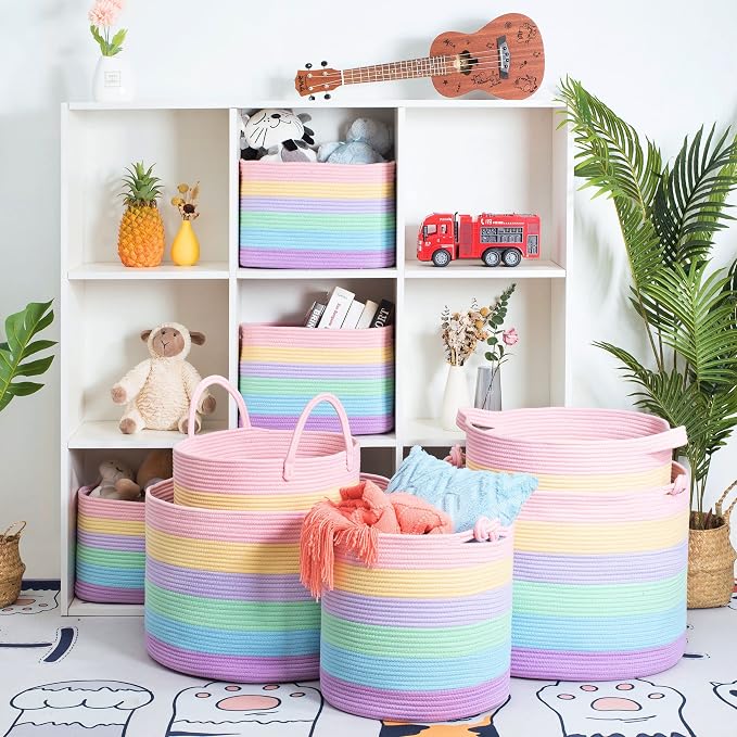 3-Pack Storage Baskets and Cube Bins for Shelves, Playroom and Classroom, Decorative Woven Closet Organizers for Books, Shoes, and Pantry Items, Pastel Rainbow - Image 9