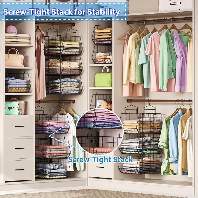 6-Tier Extended Depth Hanging Closet Organizers and Storage for Closet Organization, Stackable Hanging Shelves with Hooks for Clothes Sweaters Towels Purses, Fits Closet Shelves & Wire Metal Shelving - Image 8