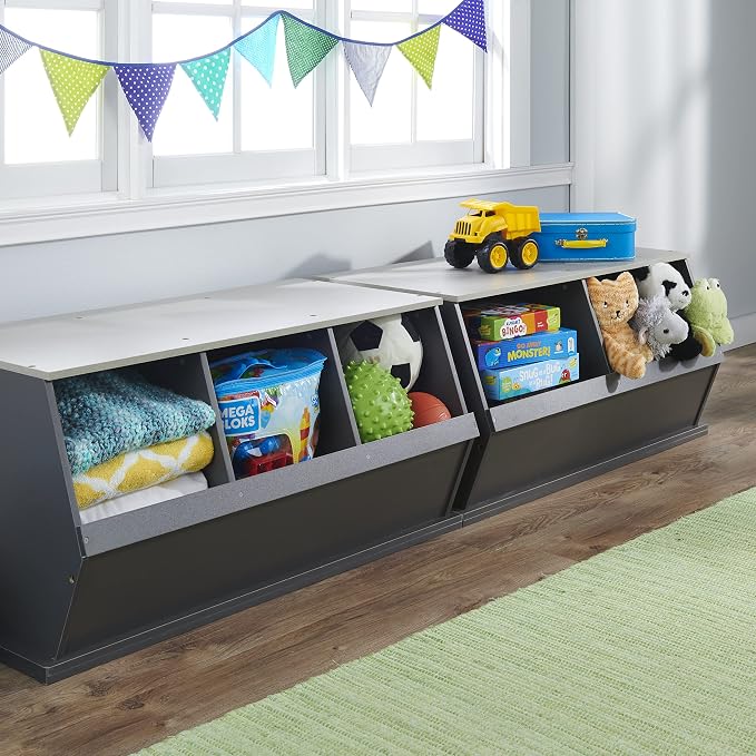 Badger Basket Two Bin Stackable Toy Storage Cubby Organizer for Kids, Playroom, Bedroom, or Nursery – Wooden Toy Chest and Book Storage Unit – Charcoal/Gray Woodgrain - Image 7