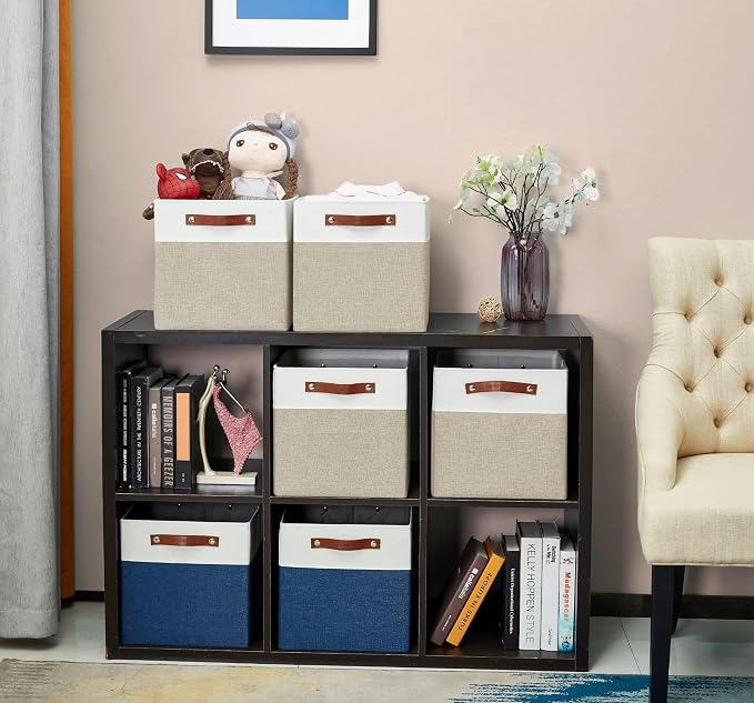 DECOMOMO Kallax Storage Cubes, Storage Baskets for Shelves 4-Pack | 13 x 15 x 13 Storage Bins, Baskets for Organizing Shelves (Beige & White) - Image 5