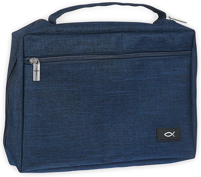 Christian Art Gifts Polyester Bible Cover for Men & Women w/Jesus Fish Patch, Zipper Pocket, Pen Loops, Easy Carry Book Case for Stationery, Accessories, Navy Blue, Small by ChristianArtGifts