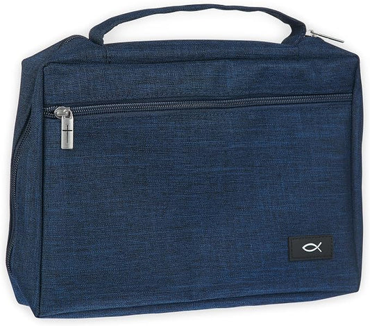 Christian Art Gifts Polyester Bible Cover for Men & Women w/Jesus Fish Patch, Zipper Pocket, Pen Loops, Easy Carry Book Case for Stationery, Accessories, Navy Blue, Large by ChristianArtGifts