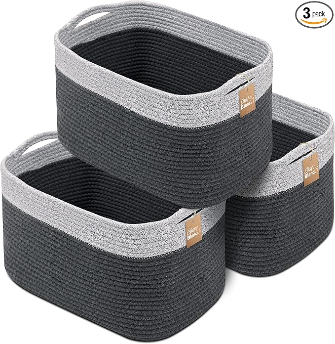 CHAT BLANC Cotton Rope Baskets for Organizing I Storage Baskets for Shelves | Rope Basket for Storage, Small Laundry Baskets, Woven Baskets for Storage, Dog Toy Bin, Baby Basket, Gray & Graphite 3Pack by CHATBLANC