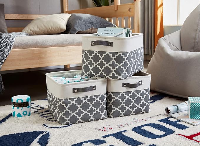DECOMOMO Storage Bins, Large Fabric Storage Baskets for Shelves 3 Pack | 15 x 11 x 9.5 inches Decorative Linen Closet Organizers with Handles(Grey Patterns) - Image 2