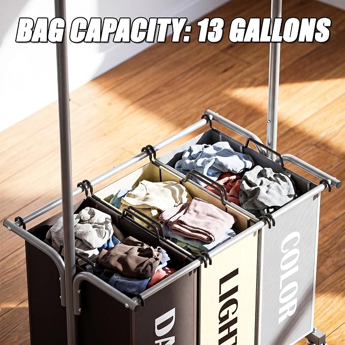 Simple Houseware 3 Bags Laundry Sorter Cart with Hanging Rod, Multi Color | Extendable Width from 30.25 to 49.25", Removable 3-Section Laundry Basketket - Image 7
