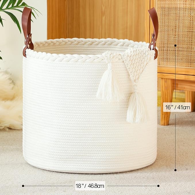 KAKAMAY Large Blanket Basket (18"x16"),Woven Baby Laundry Hamper,Cotton Rope Blanket Basket for Nursery, Laundry, Living Room, Pillows, Baby Toy chest with Leather Handles (White) - Image 6
