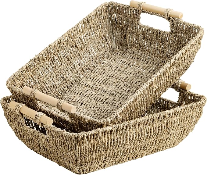 StorageWorks Hand-Woven Jumbo Storage Baskets with Wooden Handles, Seagrass Wicker Baskets for Organizing, 2-Pack | Wicker Storage Baskets for Shelves, Baskets with Wooden Handles, 2-Pack Gifts Basket for Home Decor, Hand-Woven Basket by StorageWorks