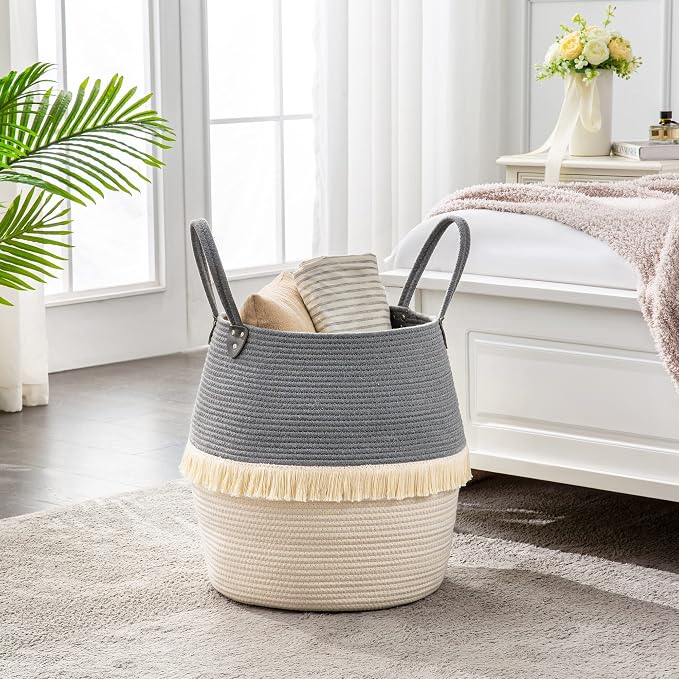 KAKAMAY Woven Baskets for Storage(17"x17"),Large Cotton Rope Woven Baby Laundry Hamper,Collapsible Laundry Basket, Blanket Basket for Organizing Living Room,Nursery,Pillows,Toy Chest(Grey) - Image 3