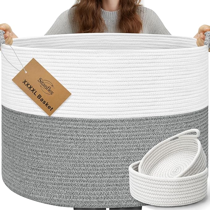 XXXXL 125L Extra Large Blanket Basket, 24.8" x 16" Jumbo Woven Basket (Includes 2 Cute Baskets), Cotton Rope Basket with Handle for Living Room, Baby Toys Nursery, Laundry (White/Light Grey) by Sitanflex