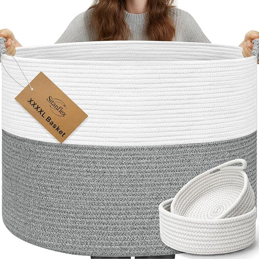 XXXXL 125L Extra Large Blanket Basket, 24.8" x 16" Jumbo Woven Basket (Includes 2 Cute Baskets), Cotton Rope Basket with Handle for Living Room, Baby Toys Nursery, Laundry (White/Light Grey) by Sitanflex