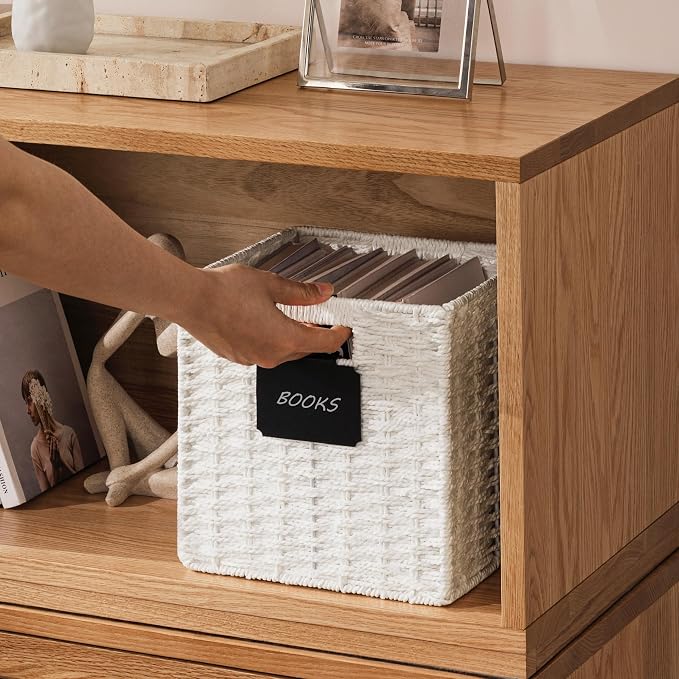 UBBCARE 4 Pack Small Wicker Basket, 9×9 Storage Cubes with Label, Foldable Cube Storage Bin with Handle, Square Storage Basket for Shelves, Woven Paper Rope Basket for Organizing, White - Image 4