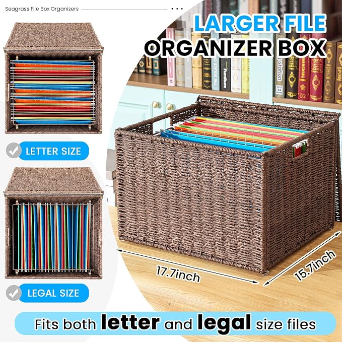 Cinnvoice Extra Large Decorative File Box 18 x 16 x 13 in Wicker Seagrass File Basket Organizer for Letter Legal Size Hand Woven Hanging Filing Cabinet with Lid for Office Paper Rope, Dark Brown - Image 2