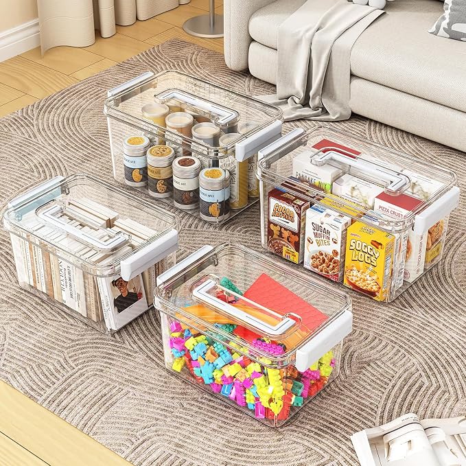 Plastic Storage Bins with Lids Stackable organization and Storage Containers for Organizing Snacks, Crafts, Tools Clear Storage Box with Latching handle(Clear, 2PCS-4.5QT 2PCS-8.5QT) - Image 2