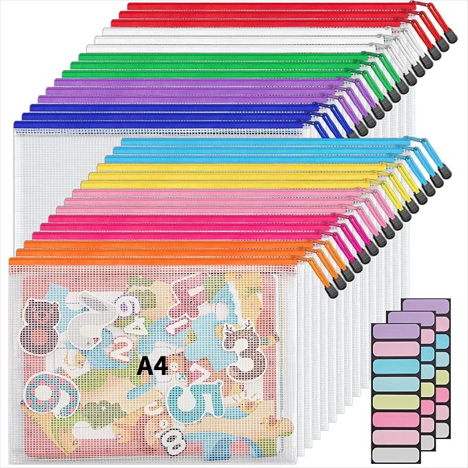 JARLINK A4 Mesh Zipper Pouch Bags, 30 Pcs Waterproof Zipper Pouch Bags | Multi-use Mesh Bags for Board Games & Puzzles, Office School Supplies, Toys, Cosmetics Travel Storage, 10 Colors, Lettle Size by JARLINK