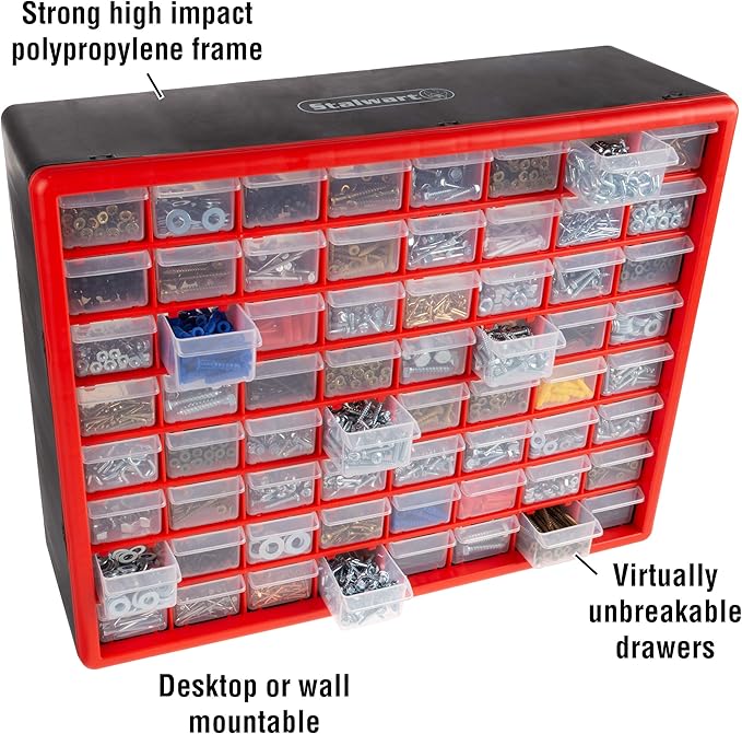 64-Drawer Storage Organizer - Plastic Drawers for Organization - Desktop or Wall-Mounted Container for Hardware, Tools, and Beads by Stalwart (Red) - Image 4