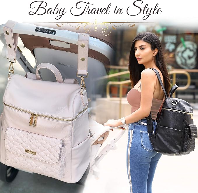 Large Diaper Bag Backpack by Luli Bebe - Designer Modern Vegan Leather Stylish Baby Backpack Diaper Bag for Mom, Multipurpose, Roomy, with Changing Pad (Latte Brown) - Image 7