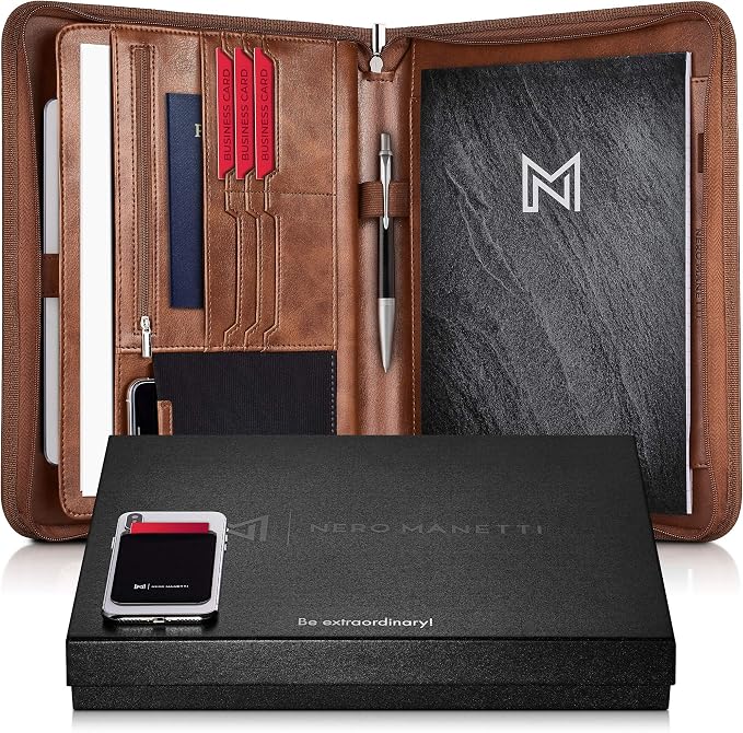 NERO MANETTI- Zippered Vegan Leather Padfolio/Portfolio Pad Holder-Business PU Leather Notepad Folder for Resumes, Interviews, iPad/Tablet, Phone, Legal Pad Notebook Executive Binder for Women, Men by Nero+Manetti