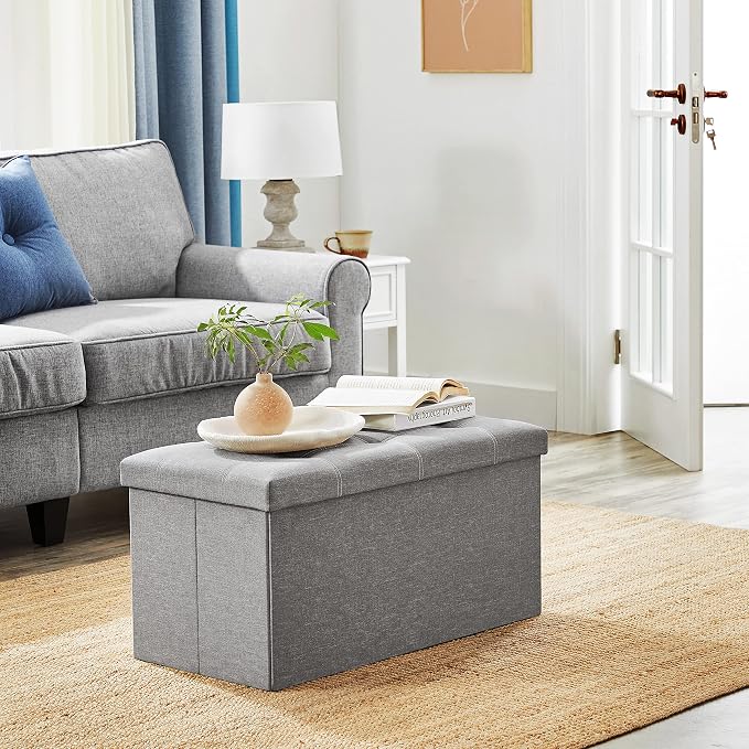 SONGMICS MAZIE Collection - 30 Inches Ottoman Storage Bench, 21 Gal. Folding Chest with Breathable Linen-Look Fabric, Load up to 660 lb, for Entryway, Living Room, Bedroom, Light Gray ULSF001G02 - Image 2