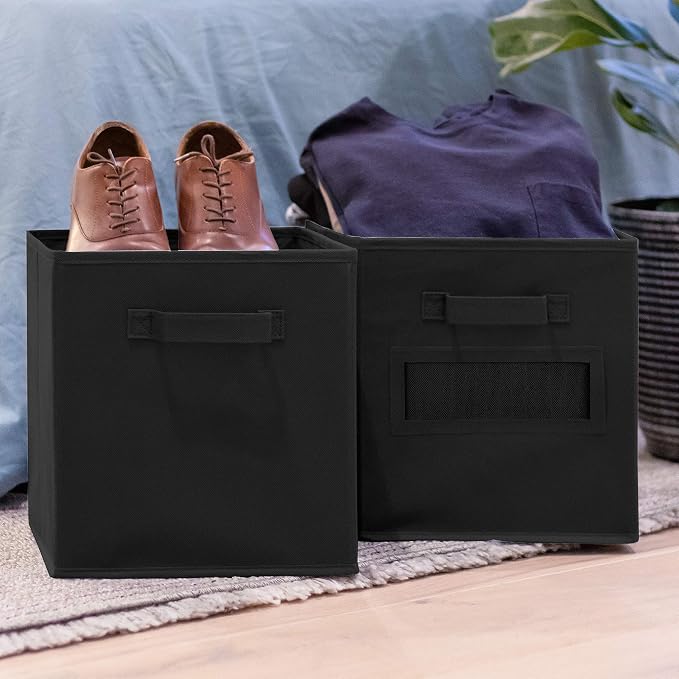 Storage Bins - 9 Pack - Durable Storage Cubes with Label Window | 2 Reinforced Handles | Fabric Cube Baskets for Organizing Closet, Clothes and Toys | Foldable Shelves Organizer (Black) - Image 6