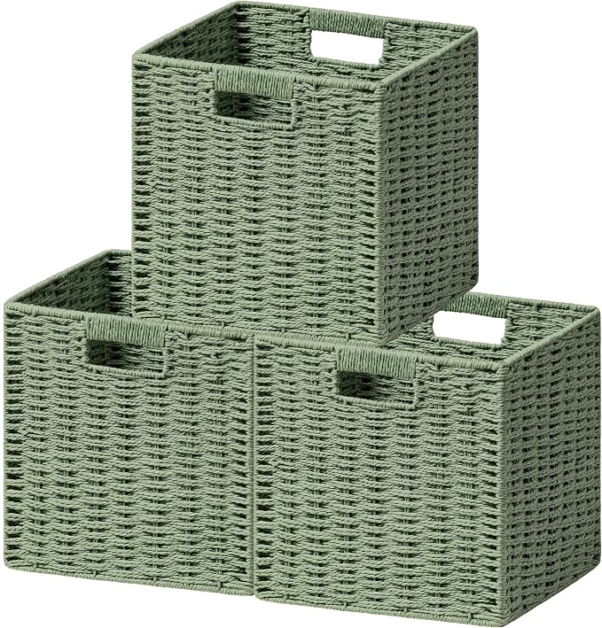UBBCARE 3 Pack Wicker Basket, 11L×11H×10.5W inch Woven Paper Rope Storage Baskets for Shelves, Foldable Cube Storage bin with Handle, Storage Basket for Organizing & Decor, Green by UBBCARE