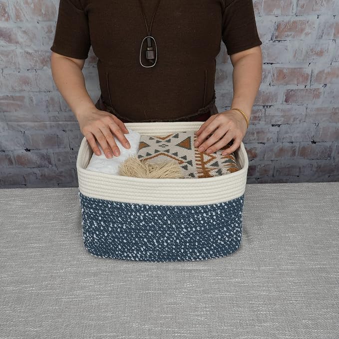 XUANGUO Woven Cotton Rope Storage Baskets 15x10x9.3" 3 Pack White and Blue | Decorative rectangular storage baskets for shelves and closets; storage bins organize clothes, toys, books and nursery items. - Image 3