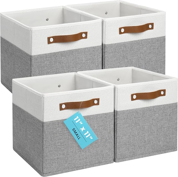 OrganiHaus 11x11 Cube Storage Bins, Set of 4 - Fabric Storage Cubes | Sturdy, holds its shape; odor-free; fits ClosetMaid 11-inch shelves; vegan leather handles by OrganiHaus