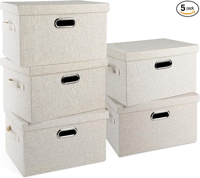 Storage Bins with Lids Fabric Closet Organizers Cubes Office Organization | 21 Quart 5 Pack Beige Collapsible Stackable Linen Fabric 4 Handles Bedroom Closet Cabinet Under Bed Clothes Toy Office File by GraciadecoStorage