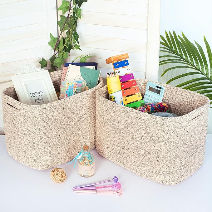 3-Pack Decorative Woven Storage Baskets for Shelves, Cube Bin Box for Organizing Books, Shoes, Dog Toys, Pantry Closet and Living Room Organizer, Oatmeal Brown - Image 3