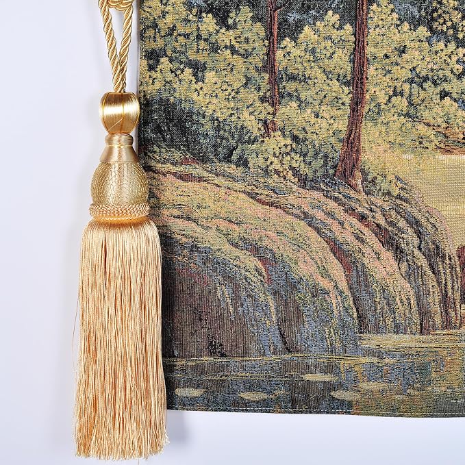 Vintage Nature Tapestry Wall Hanging Set with Telescopic Rod & Tassels - Jacquard Woven Fabric Aesthetic Country Landscape Wall Tapestry for Bedroom/Living Room Decor Green Art (42"x27") (Earthy - greens, lake scene with boat and hills) - Image 7