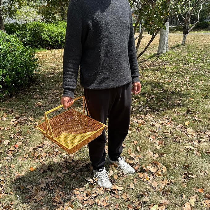 Plastic Picnic Basket with Foldable Handle - Rectangular Rattan Style Organizing Basket, Large Capacity Woven Storage Basket - Image 7