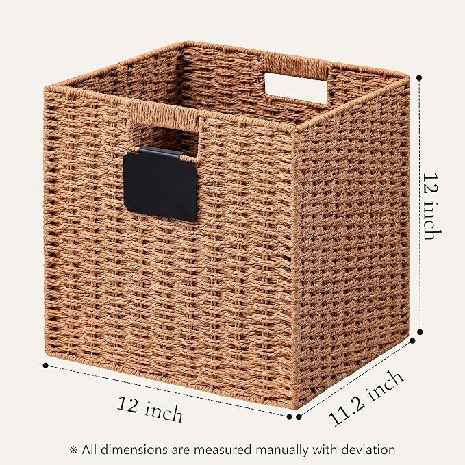 UBBCARE 4 Pack Wicker Basket, 12×12 Storage Cubes with Label, Foldable Cube Storage Bin with Handle, Square Storage Basket for Shelves, Woven Paper Rope Basket for Organizing, Caramel - Image 2