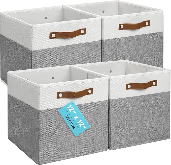 OrganiHaus 12x12 Cube Storage Bins, Set of 4 - Fabric Storage Cubes | Sturdy, holds its shape; odor-free; fits 12-inch cube shelves; vegan leather handles by OrganiHaus