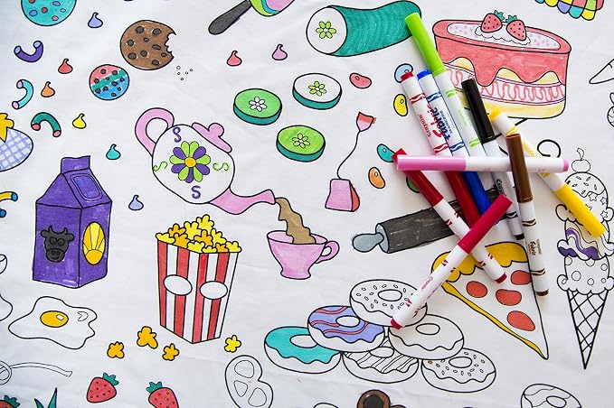 Food Fun Design – XL Rectangle Tablecloth 60”X102” - Interactive Coloring Tablecloth for Kids – Poly/Cotton Fabric - Washable and Reusable – DIY Activity for Children and Adults by TheColoringTable