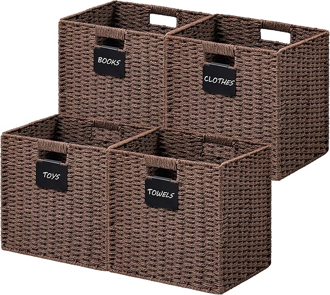 UBBCARE 4 Pack Wicker Basket, 10.5×10.5 Storage Cubes with Label, Foldable Cube Storage Bin with Handle, Square Storage Basket for Shelves, Woven Paper Rope Basket for Organizing, Brown by UBBCARE