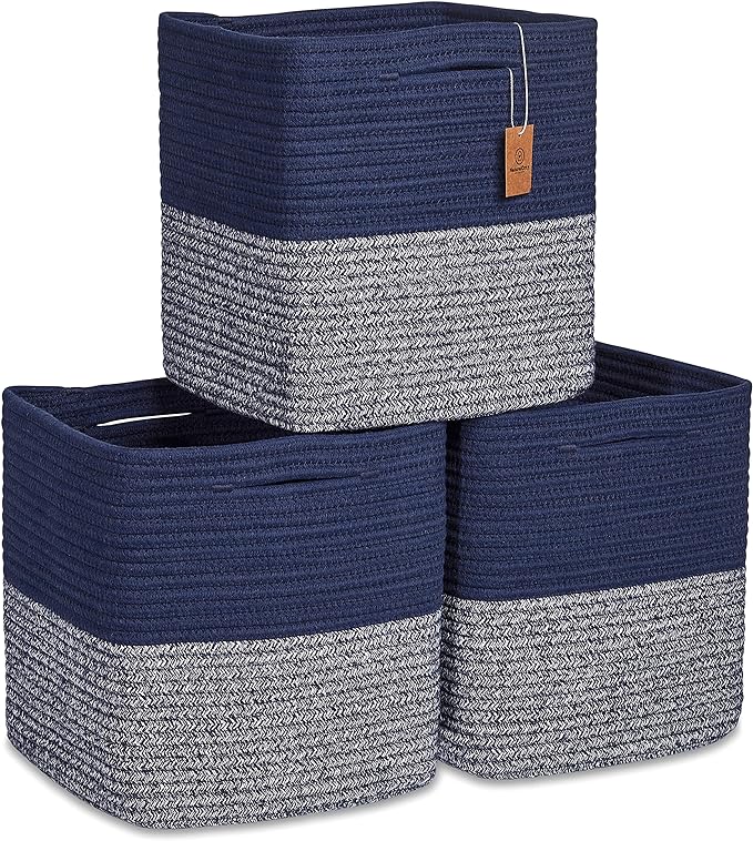 NaturalCozy Storage Cubes 11 Inch Cotton Rope Woven Baskets for Organizing, 3-Pack | Cube Storage Bin | Square Storage Baskets for Shelves Organizer, Classroom, Kids Toy Bins, Closet, Baby Nursery by NaturalCozy