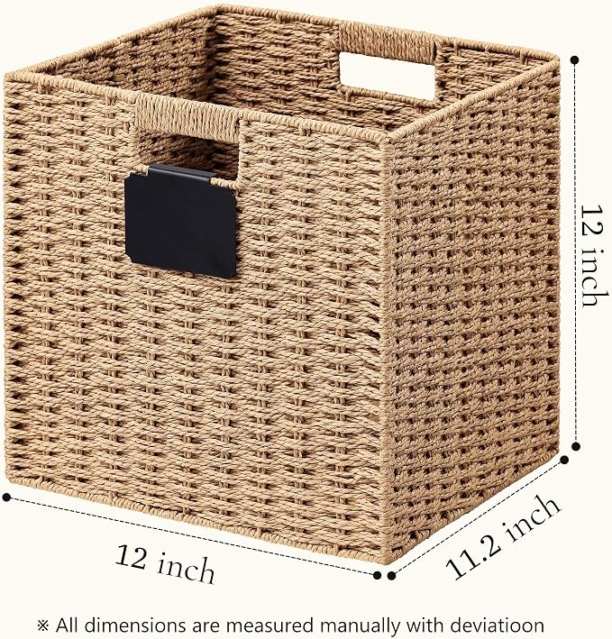 UBBCARE 4 Pack Wicker Basket, 12×12 Storage Cubes with Label, Foldable Cube Storage Bin with Handle, Square Storage Basket for Shelves, Woven Paper Rope Basket for Organizing, Light Brown - Image 2