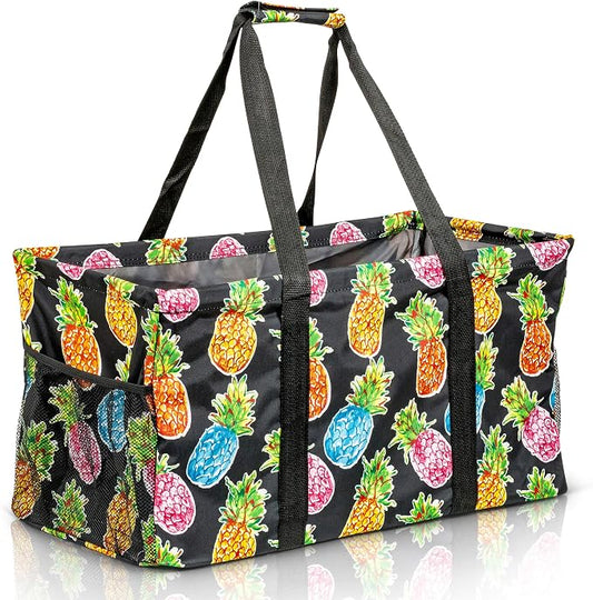 Extra Large Utility Tote Bag - Oversized Collapsible Reusable Wire Frame Rectangular Canvas Basket With Two Exterior Pockets For Beach, Pool, Laundry, Car Trunk, Storage - Pineapple by Lucazzi