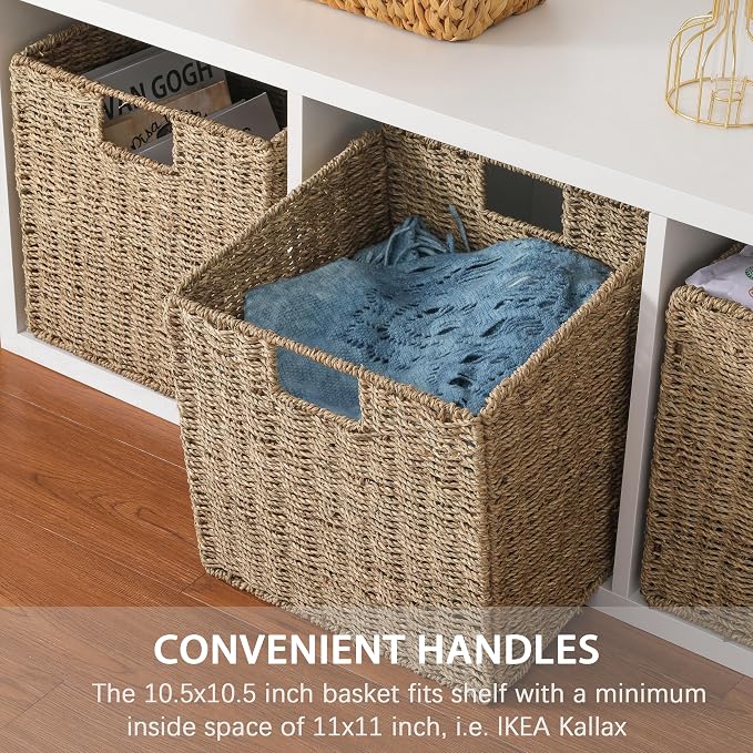 10.5 x 10.5in Seagrass Storage Baskets Set of 4, Cube Foldable Woven Storage Baskets for Shelves, Decorative Seagrass Shelf Basket - Image 5