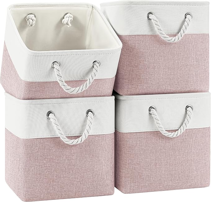 Patvingot 11-Inch Fabric Cube Storage Bins with Handles,4 Pack,Foldable | For cube shelves and closets,keeps grouped for everyday access,reinforced opening and fold-flat storage,white and pink - Image 6
