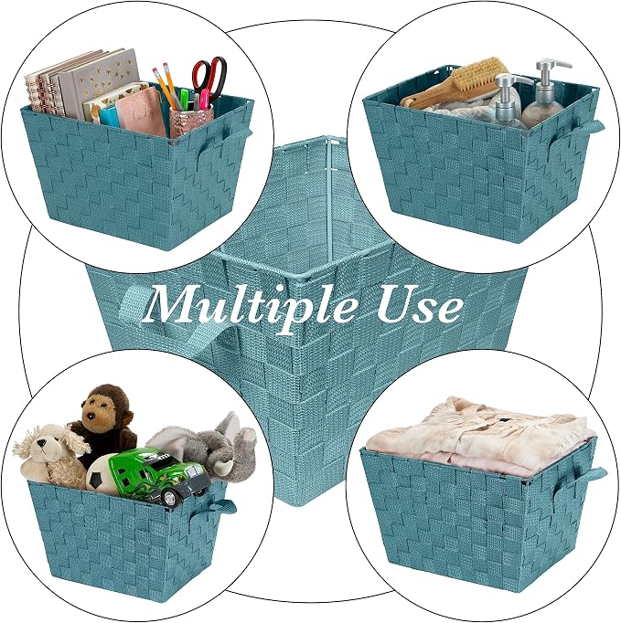Simplify Medium Woven Strap Tote | Decorative Storage Basket | 2 Handles | Organization | Closet | Bedroom | Bathroom | Nursery | Accessories | Toys | Gifts | 4 Pack | Sapphire - Image 3