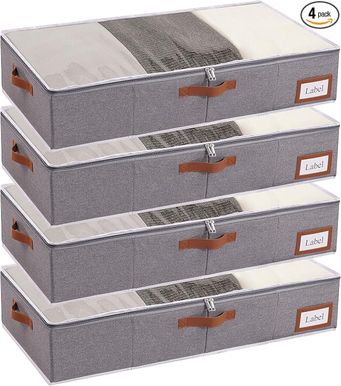 Yawinhe 27L Under Bed Storage,4 Pack Collapsible Container Bags,Grey | Blanket Storage Bags with Clear Window and Lids with 4 Leather Handles;Closet Organizers with Sorting Card Slot for Bedding by Yawinhe
