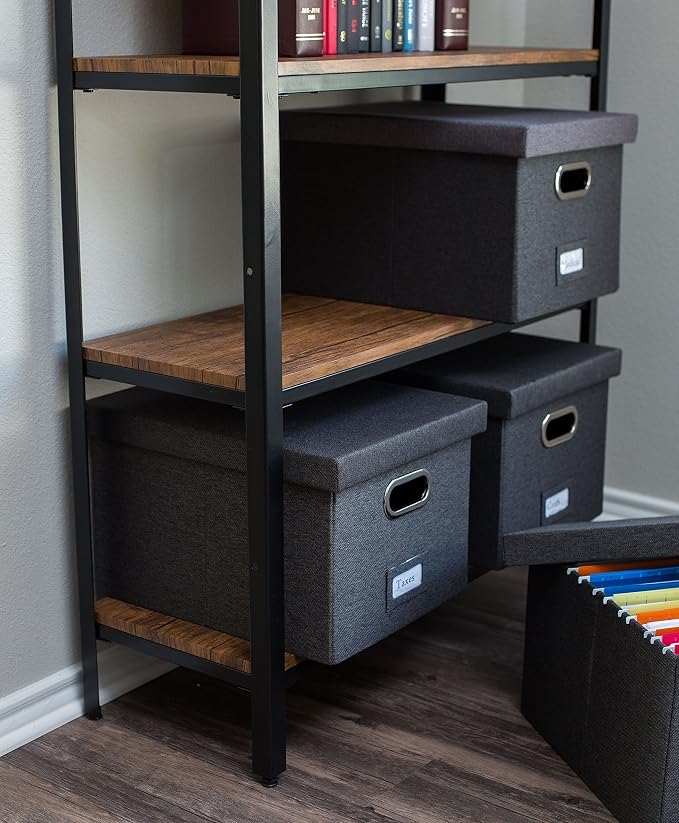 Internet's Best Collapsible File Storage Organizer with Lid - Decorative Linen Filing & Storage Office Box – Hanging Letter/Legal Folder – Home Office Bins Cabinet – Charcoal Container - 6 Pack - Image 4