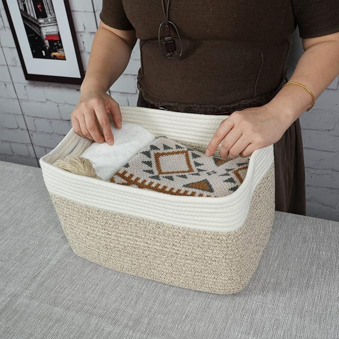 XUANGUO Woven Cotton Rope Storage Baskets 15x10x9.3" 3 Pack White and Brown | Decorative rectangular storage baskets for shelves and closets; storage bins organize clothes, toys, books and nursery items. - Image 3